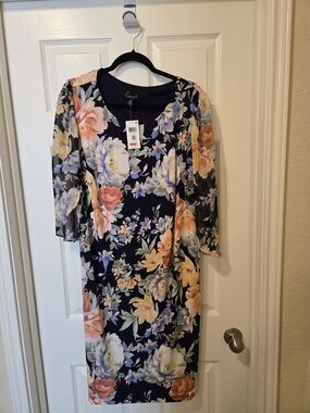 connected apparel Navy Floral Midi Dress with Scoop Neck